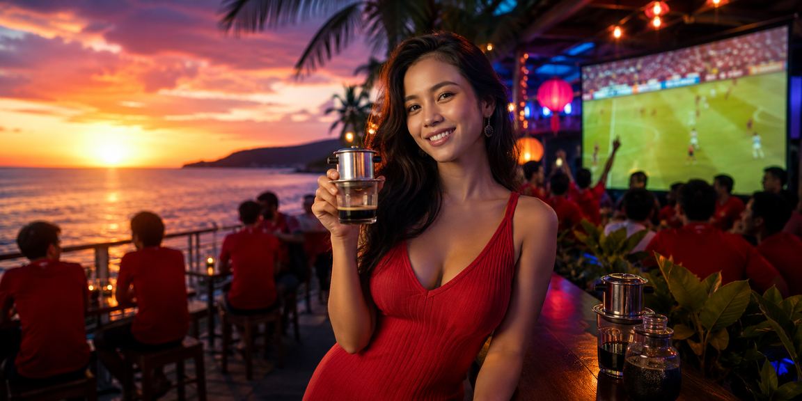 Người dùng tại Phú Quốc theo dõi kèo bóng đá trực tuyến bên tách cà phê buổi sáng