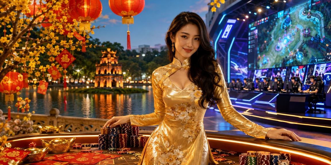 Giao diện sảnh casino trực tuyến của m4u với ánh đèn neon sống động